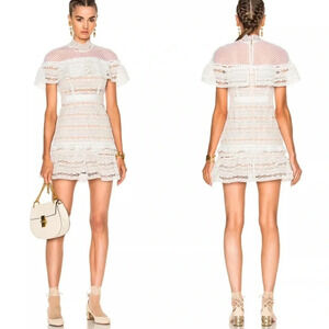 NWT Self-Portrait Yoke Ruffled Mini Dress White Lace Frill Dress